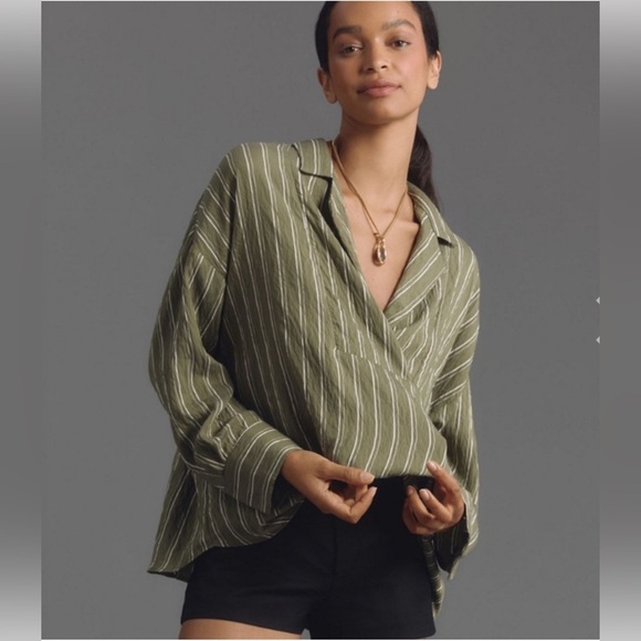 Anthropologie Tops - Anthropologie The Dylon Long Sleeve Wide Placket Green Stripe Blouse Women's XXS